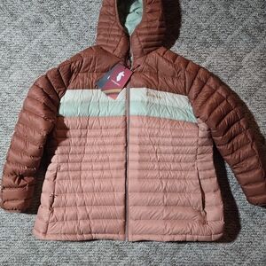 Cotopaxi Fuego Hooded Down Jacket. Faded Brick Clay Stripes. Women's Size 2X.